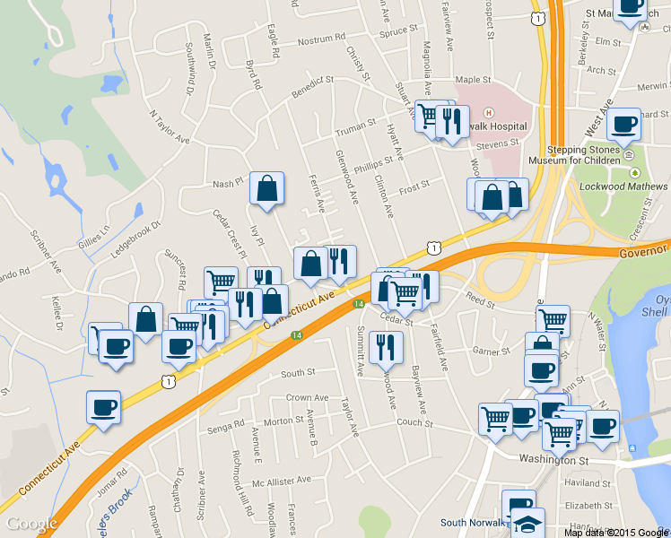 map of restaurants, bars, coffee shops, grocery stores, and more near 7 Ferris Avenue in Norwalk