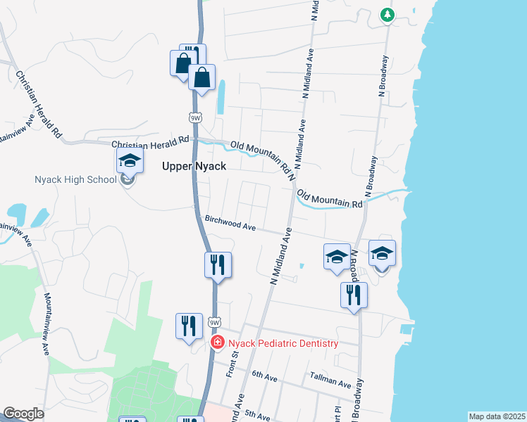map of restaurants, bars, coffee shops, grocery stores, and more near 410 Tompkins Avenue in Nyack