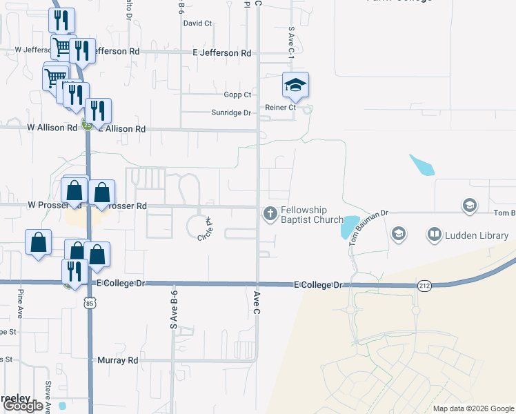 map of restaurants, bars, coffee shops, grocery stores, and more near 1299 Ave C in Cheyenne