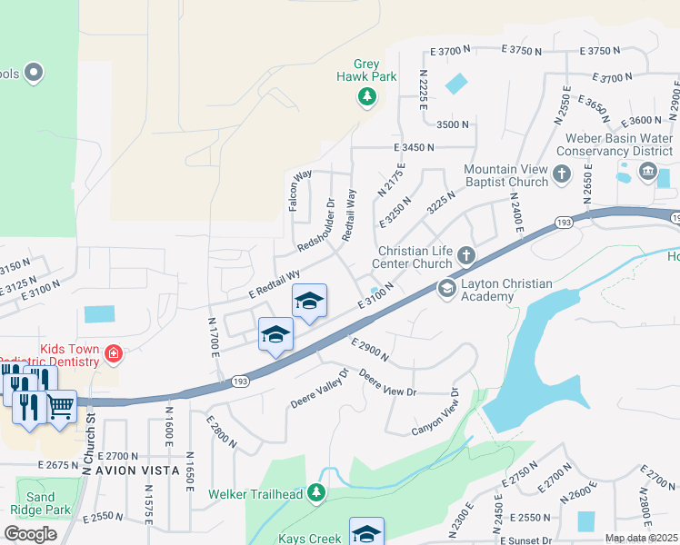 map of restaurants, bars, coffee shops, grocery stores, and more near 3159 East Broadwing Drive in Layton