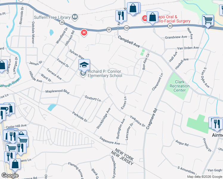 map of restaurants, bars, coffee shops, grocery stores, and more near 72 Bon Aire Circle in Suffern