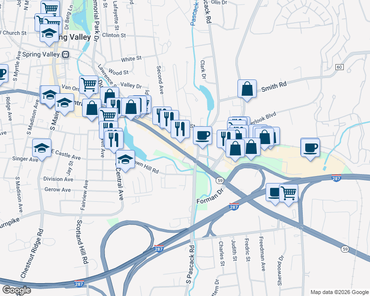 map of restaurants, bars, coffee shops, grocery stores, and more near 76 New York 59 in Spring Valley