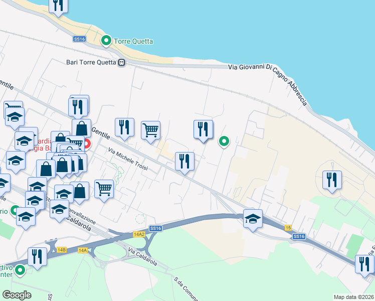 map of restaurants, bars, coffee shops, grocery stores, and more near 3 Via Moisè Maldacea in Bari