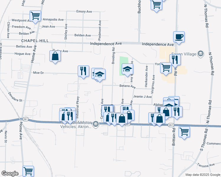 map of restaurants, bars, coffee shops, grocery stores, and more near 1540 Breiding Road in Akron