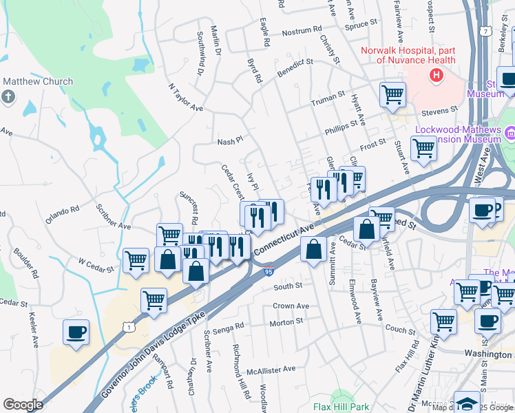 map of restaurants, bars, coffee shops, grocery stores, and more near 8 Ivy Place in Norwalk