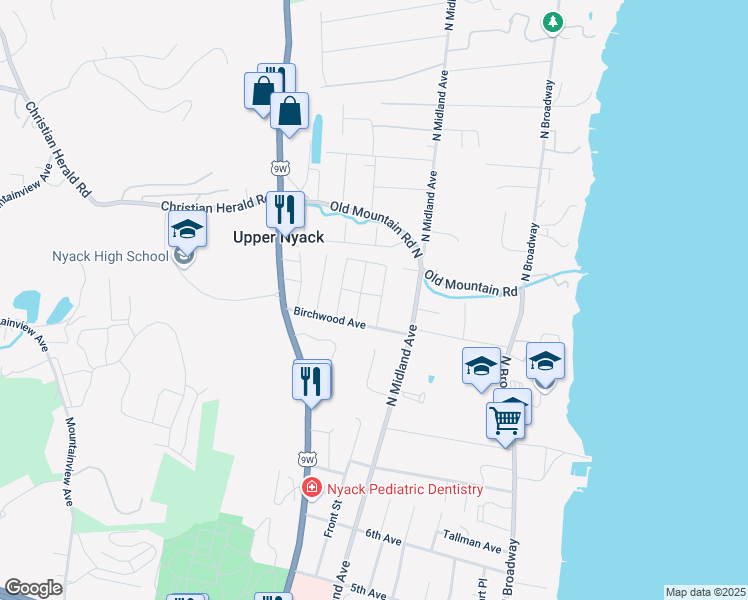 map of restaurants, bars, coffee shops, grocery stores, and more near 410 Tompkins Avenue in Nyack