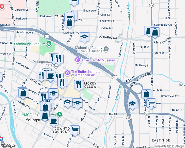 map of restaurants, bars, coffee shops, grocery stores, and more near 620 Audubon Street in Youngstown