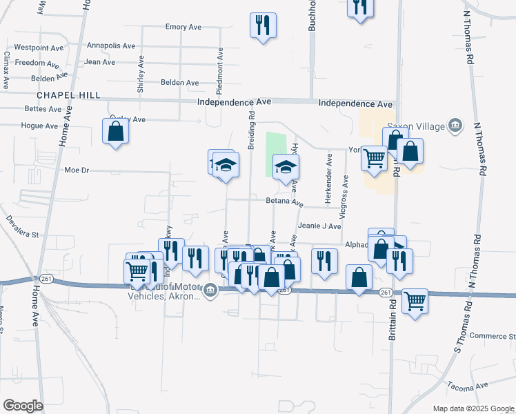 map of restaurants, bars, coffee shops, grocery stores, and more near 1540 Breiding Road in Akron