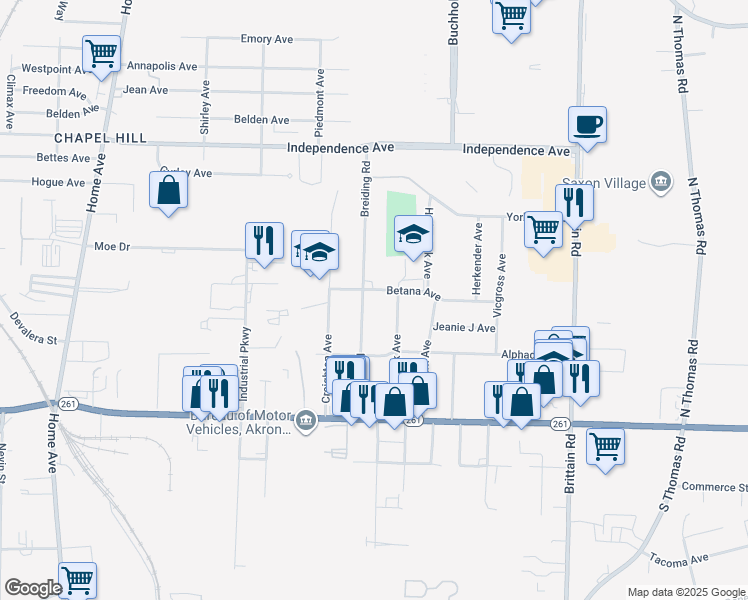 map of restaurants, bars, coffee shops, grocery stores, and more near 1540 Breiding Road in Akron