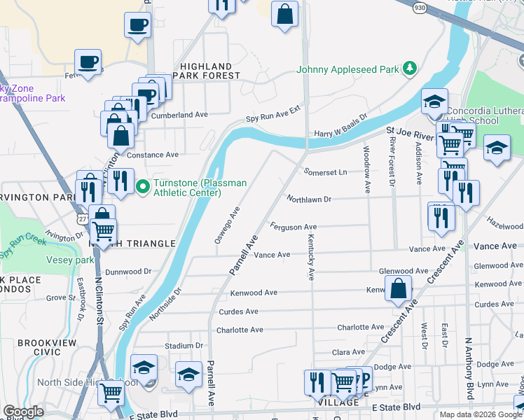 map of restaurants, bars, coffee shops, grocery stores, and more near 3215 Parnell Avenue in Fort Wayne