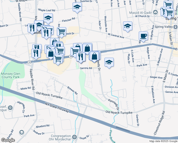 map of restaurants, bars, coffee shops, grocery stores, and more near 1 Secora Road in Ramapo
