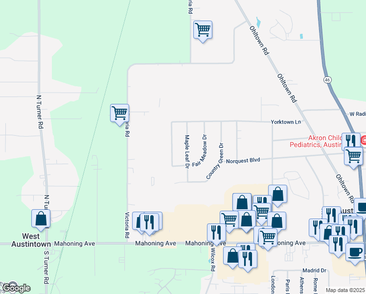 map of restaurants, bars, coffee shops, grocery stores, and more near 152 Maple Leaf Drive in Youngstown