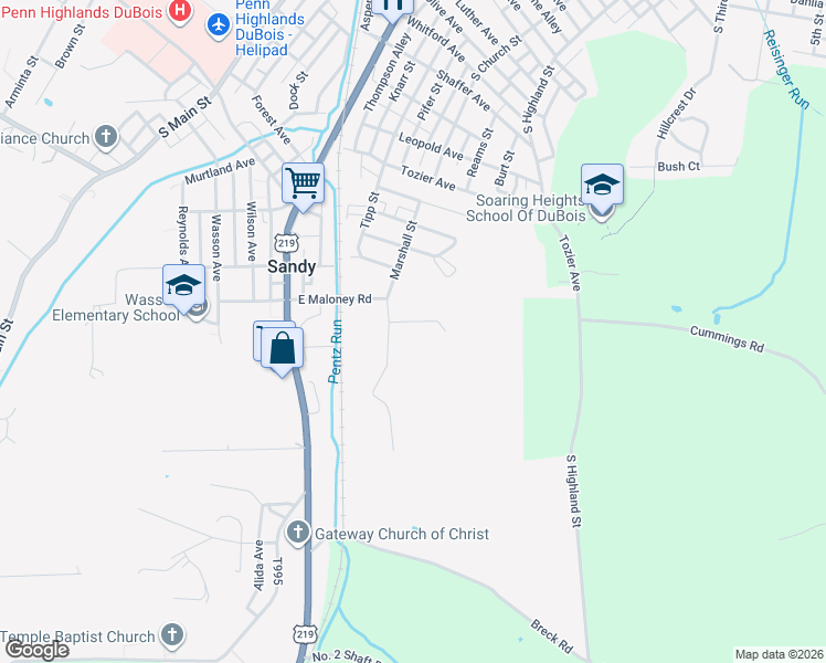 map of restaurants, bars, coffee shops, grocery stores, and more near 54 Hibbard Road in DuBois