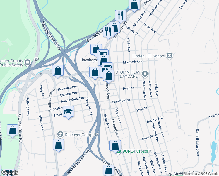 map of restaurants, bars, coffee shops, grocery stores, and more near 313 Elwood Avenue in Hawthorne