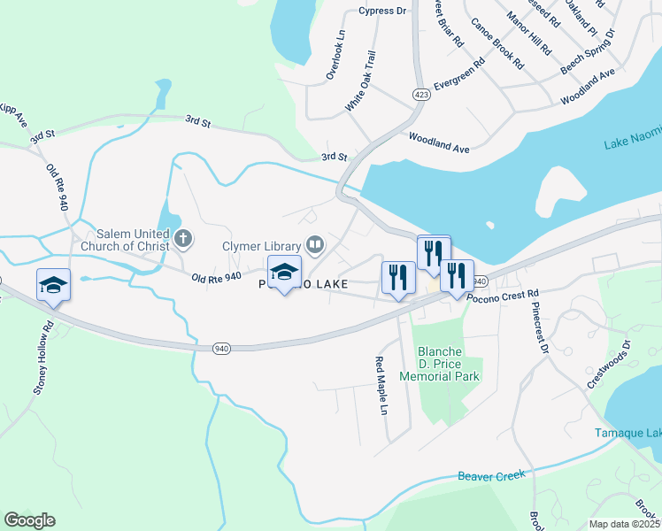 map of restaurants, bars, coffee shops, grocery stores, and more near 116 Firehouse Road in Pocono Pines