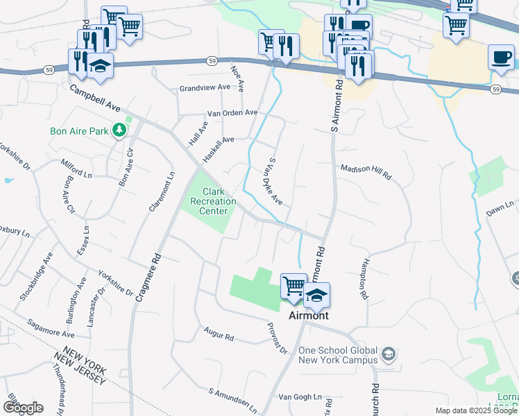 map of restaurants, bars, coffee shops, grocery stores, and more near 50 Campbell Avenue in Airmont
