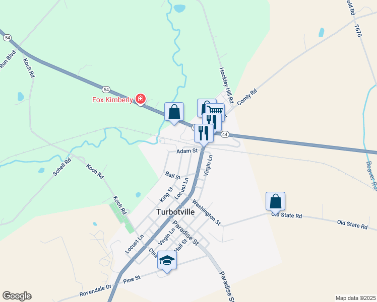 map of restaurants, bars, coffee shops, grocery stores, and more near Adam Street in Turbotville