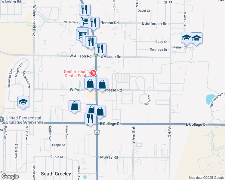 map of restaurants, bars, coffee shops, grocery stores, and more near 472 East Prosser Road in Cheyenne