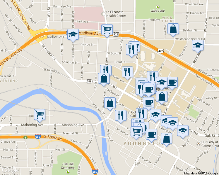 map of restaurants, bars, coffee shops, grocery stores, and more near 351 West Rayen Avenue in Youngstown