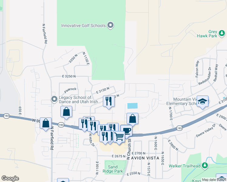 map of restaurants, bars, coffee shops, grocery stores, and more near 1321 East 3125 North in Layton