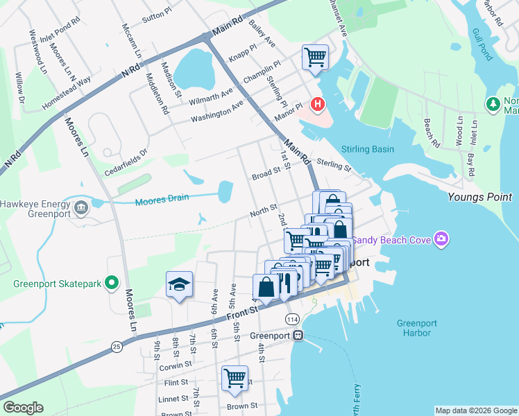 map of restaurants, bars, coffee shops, grocery stores, and more near 224 North Street in Greenport