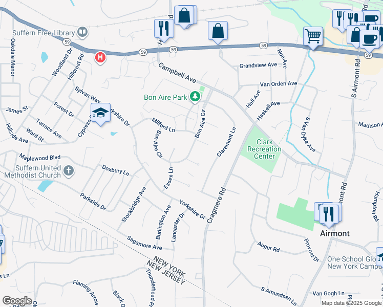 map of restaurants, bars, coffee shops, grocery stores, and more near 28 Bon Aire Circle in Suffern