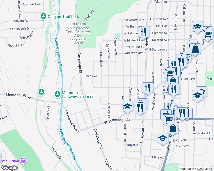 map of restaurants, bars, coffee shops, grocery stores, and more near 758 Garfield St in Akron