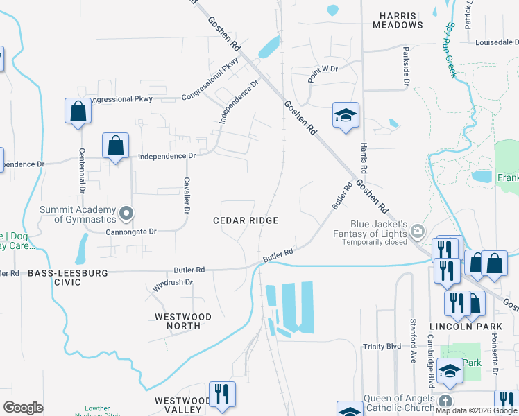map of restaurants, bars, coffee shops, grocery stores, and more near 3318 Foxcroft Dr in Fort Wayne