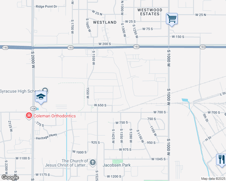 map of restaurants, bars, coffee shops, grocery stores, and more near South 1400 West in Syracuse