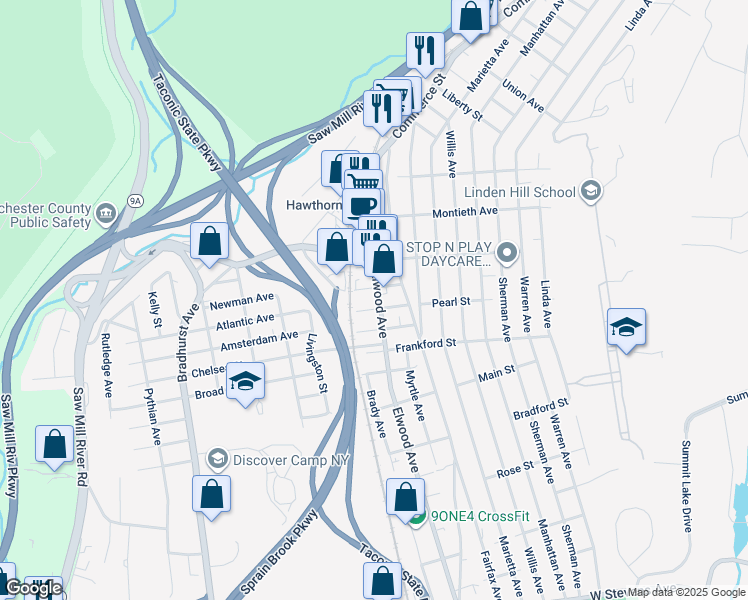 map of restaurants, bars, coffee shops, grocery stores, and more near 313 Elwood Avenue in Hawthorne
