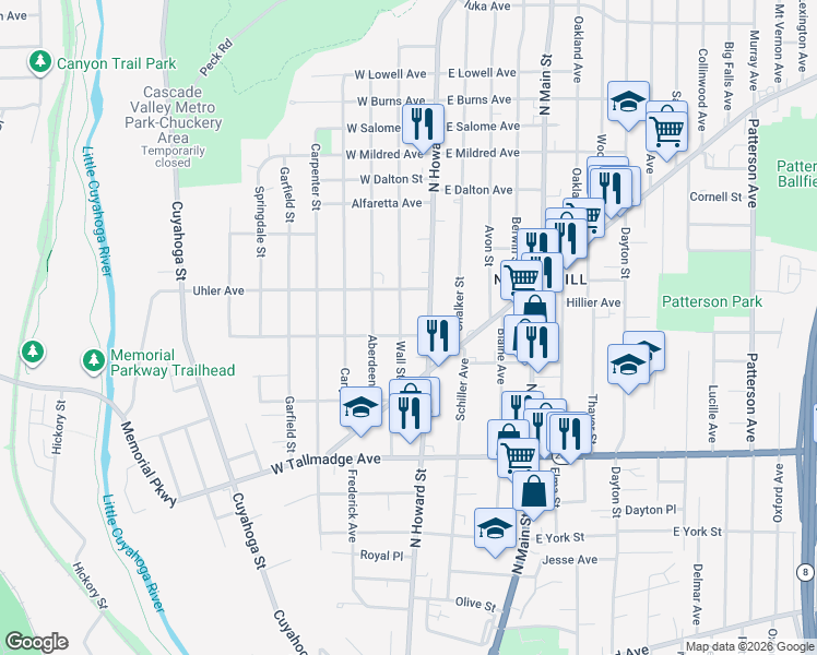 map of restaurants, bars, coffee shops, grocery stores, and more near 753 Wall St in Akron