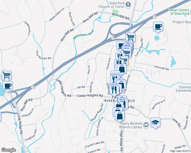 map of restaurants, bars, coffee shops, grocery stores, and more near 136 Alpine Street in Stamford