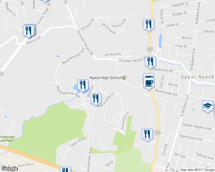 map of restaurants, bars, coffee shops, grocery stores, and more near 738 Sierra Vista Lane in Valley Cottage