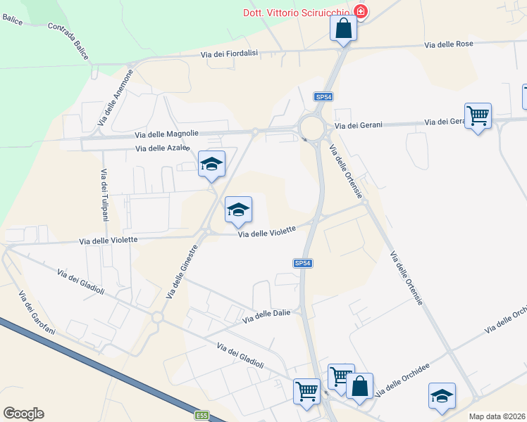 map of restaurants, bars, coffee shops, grocery stores, and more near 3 Via delle Violette in Modugno