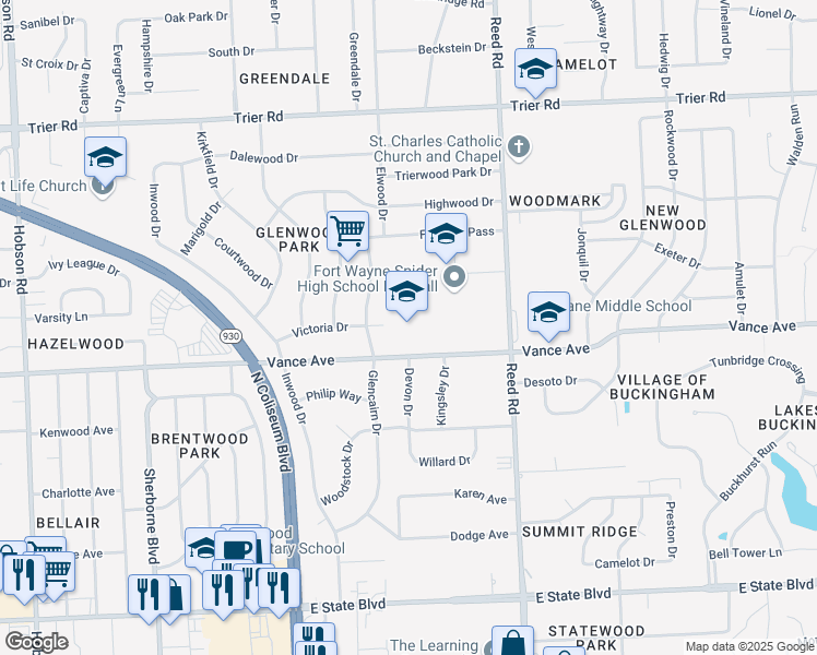 map of restaurants, bars, coffee shops, grocery stores, and more near 4501 Vance Avenue in Fort Wayne