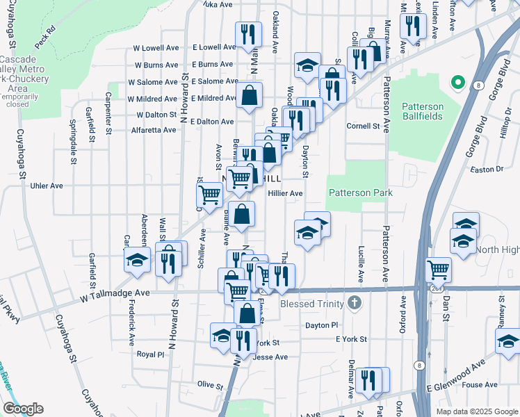 map of restaurants, bars, coffee shops, grocery stores, and more near 756 Elma Street in Akron
