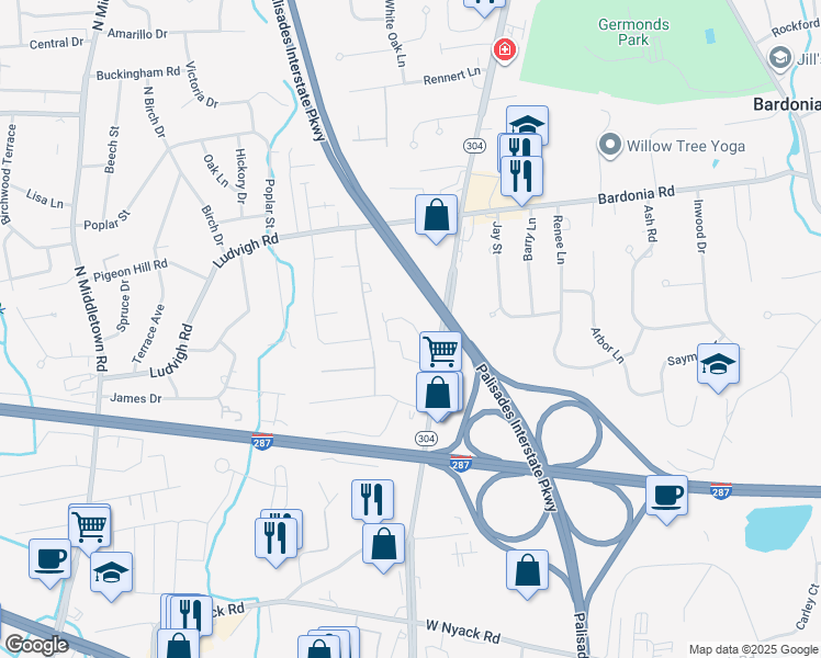 map of restaurants, bars, coffee shops, grocery stores, and more near 32 Village Green in Bardonia