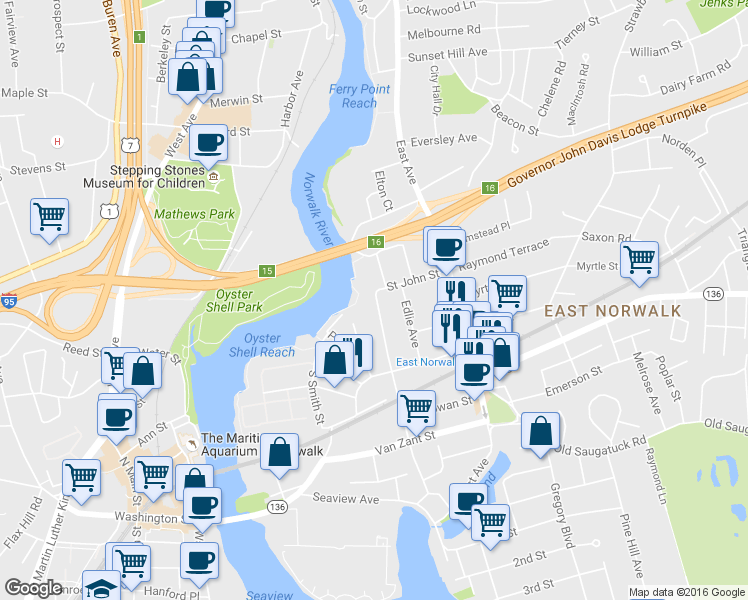 map of restaurants, bars, coffee shops, grocery stores, and more near 71b Osborne Avenue in Norwalk
