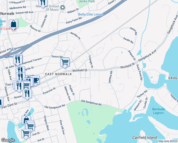 map of restaurants, bars, coffee shops, grocery stores, and more near 3 Amundsen Street in Norwalk