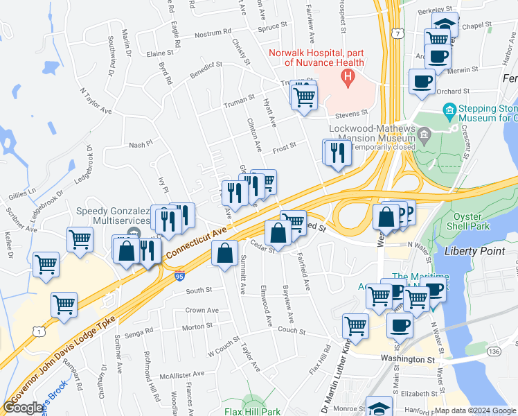 map of restaurants, bars, coffee shops, grocery stores, and more near 120 Connecticut Avenue in Norwalk
