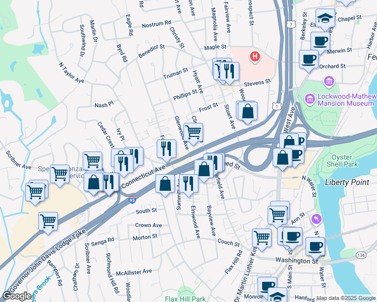 map of restaurants, bars, coffee shops, grocery stores, and more near 120 Connecticut Avenue in Norwalk