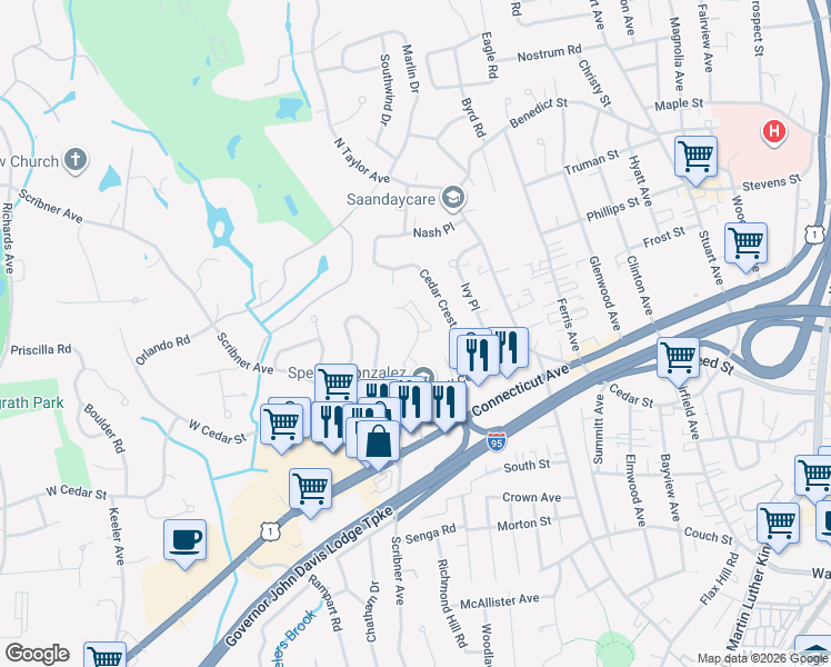 map of restaurants, bars, coffee shops, grocery stores, and more near 48 Suncrest Road in Norwalk