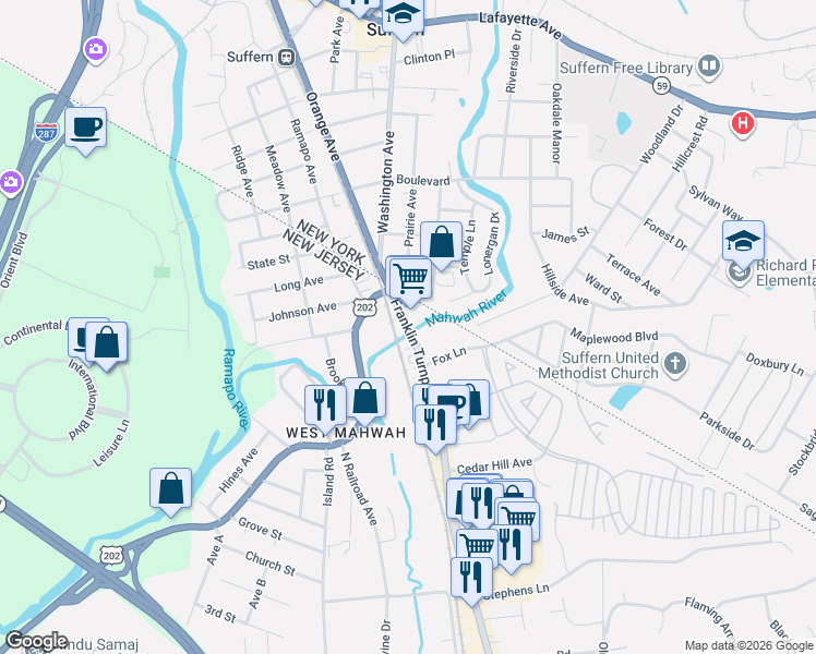map of restaurants, bars, coffee shops, grocery stores, and more near 50 Ridge Road in Mahwah