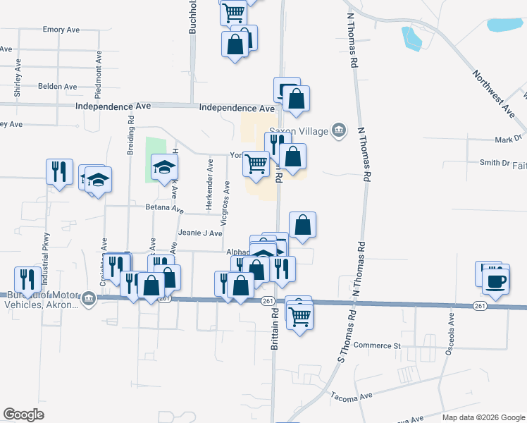map of restaurants, bars, coffee shops, grocery stores, and more near 1578 Brittain Road in Akron