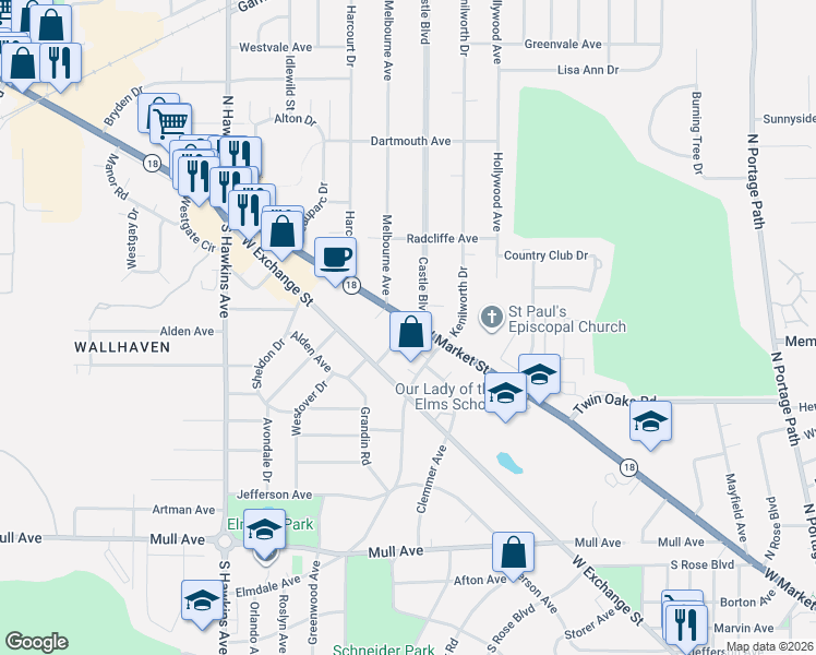 map of restaurants, bars, coffee shops, grocery stores, and more near 14 Ross Drive in Akron