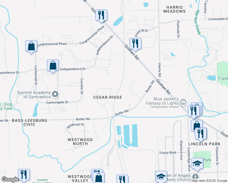 map of restaurants, bars, coffee shops, grocery stores, and more near 3318 Foxcroft Dr in Fort Wayne