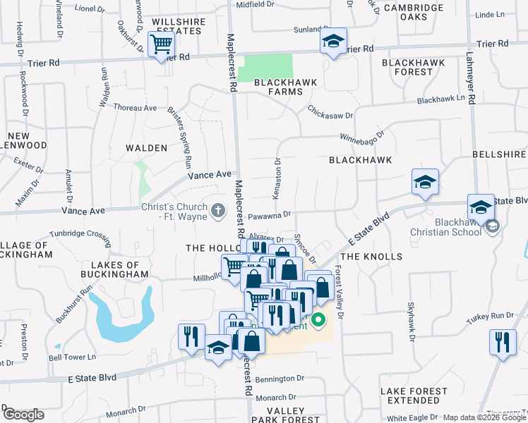 map of restaurants, bars, coffee shops, grocery stores, and more near 6415 Pawawna Drive in Fort Wayne