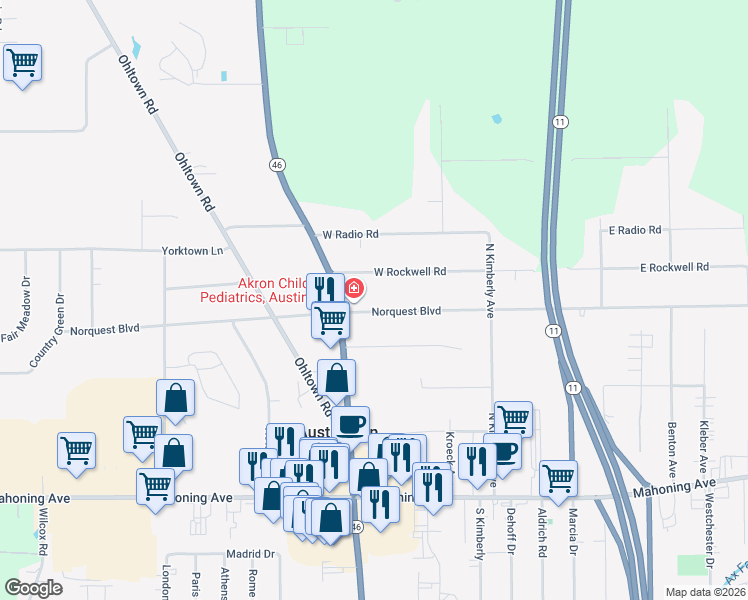 map of restaurants, bars, coffee shops, grocery stores, and more near 5472 Norquest Boulevard in Youngstown