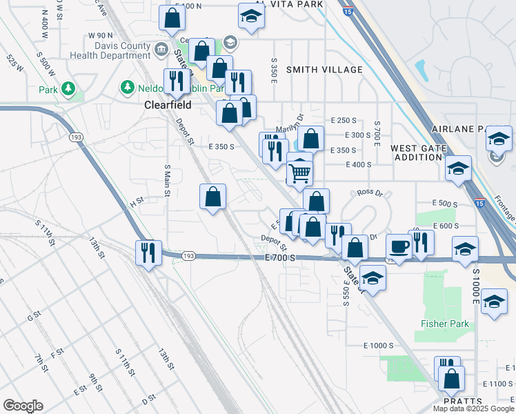 map of restaurants, bars, coffee shops, grocery stores, and more near 417 500 South in Clearfield