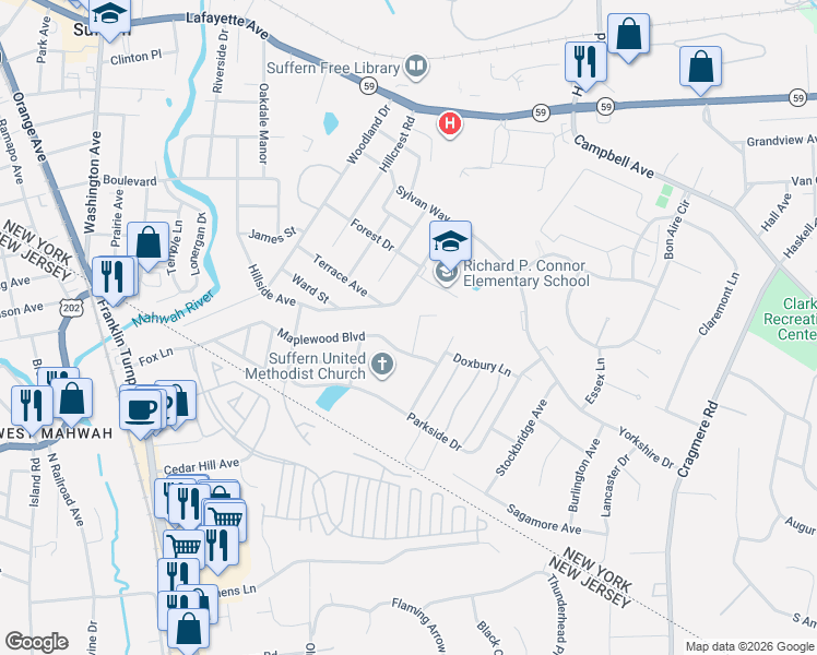 map of restaurants, bars, coffee shops, grocery stores, and more near 5 Durham Lane in Suffern